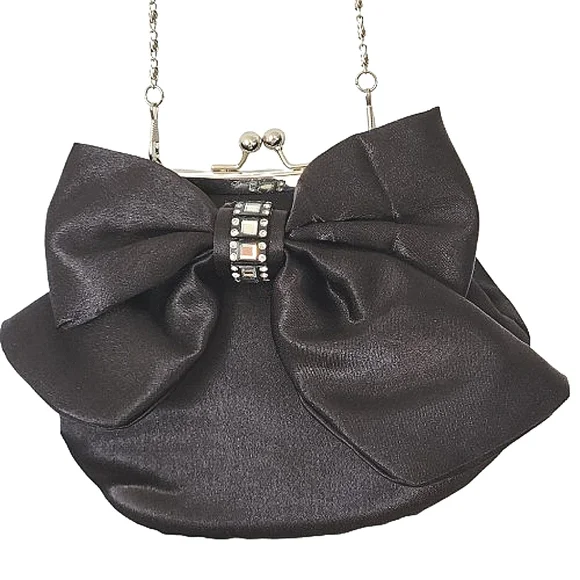 Black Satin Rhinestone Bow Evening Bag - Picture 1 of 6